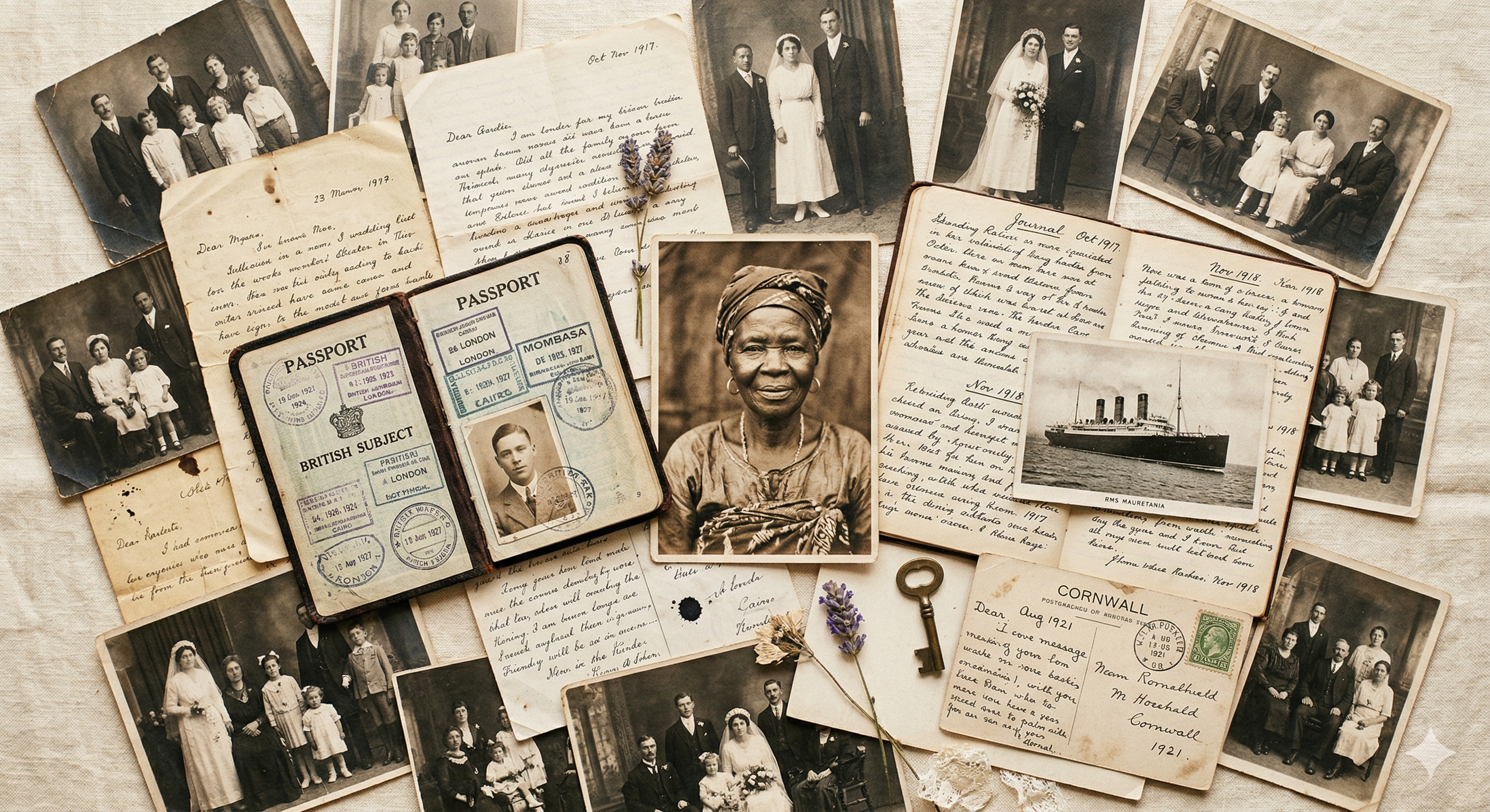 Vintage family photos, letters, and keepsakes spread on a table